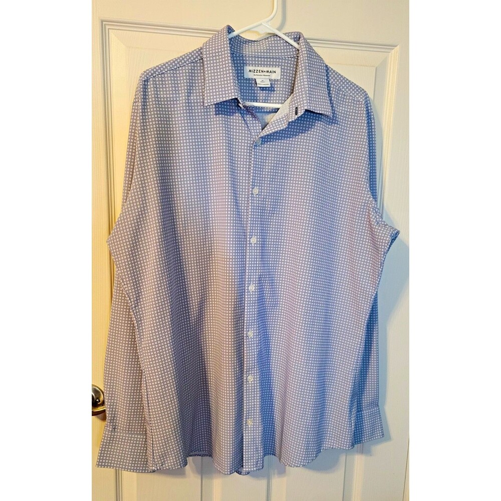 Mizzen+Main Leeward Dress Shirt Mens Medium Classic Fit Blue Geometric Stretch